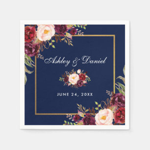 Wedding Watercolor Burgundy Floral Blue Serviette