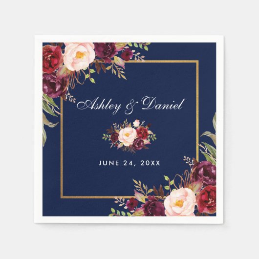 Wedding Watercolor Burgundy Floral Blue Serviette (Vorderseite)