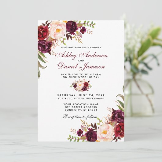 Wedding Watercolor Burgundy Floral Einladung (Stehend Vorderseite)