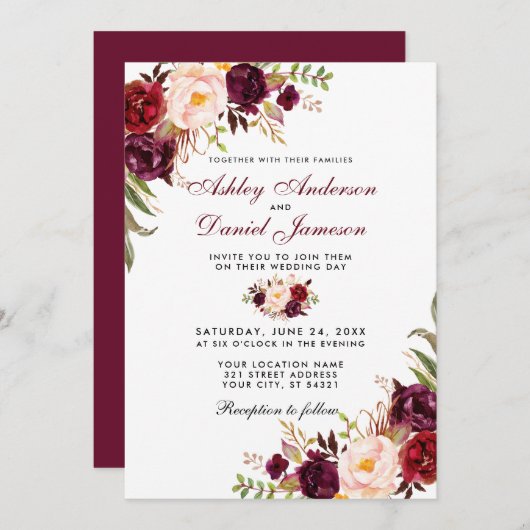 Wedding Watercolor Burgundy Floral Einladung (Vorne/Hinten)