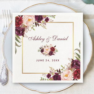 Wedding Watercolor Burgundy Floral Gold Serviette