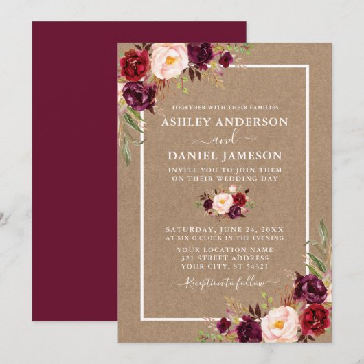 Wedding Watercolor Burgundy Floral Kraft Einladung (Vorne/Hinten)