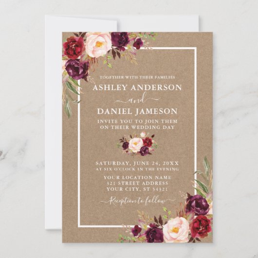Wedding Watercolor Burgundy Floral Kraft Einladung (Vorderseite)