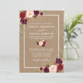 Wedding Watercolor Burgundy Floral Kraft Einladung (Stehend Vorderseite)