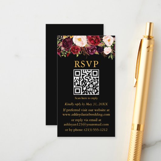 Wedding Watercolor Burgundy Floral QR UAWG Black Begleitkarte (Vorderseite/Rückseite Beispiel)