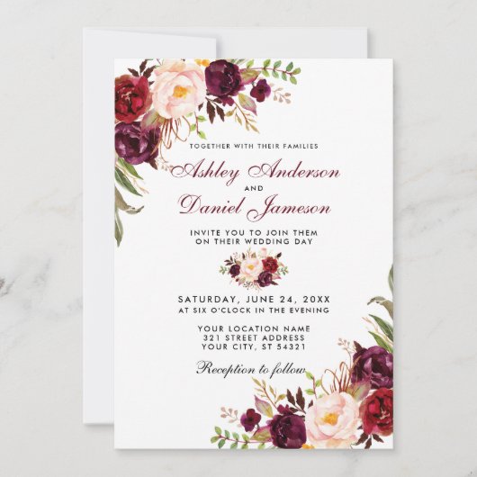 Wedding Watercolor Burgundy Floral W Einladung (Vorderseite)