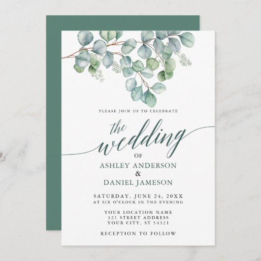 Wedding Watercolor Eukalyptus Greenery Calligraphy Einladung (Vorne/Hinten)