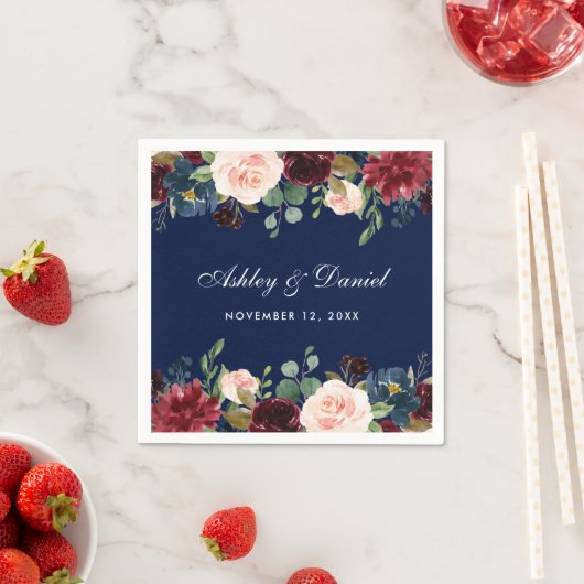 Wedding Watercolor Floral Burgundy Blue Serviette (Beispiel)