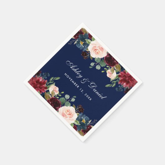 Wedding Watercolor Floral Burgundy Blue Serviette (Ecke)