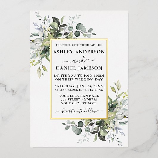 Wedding Watercolor Greenery Dusty Blue Gold Folieneinladung (Vorderseite)