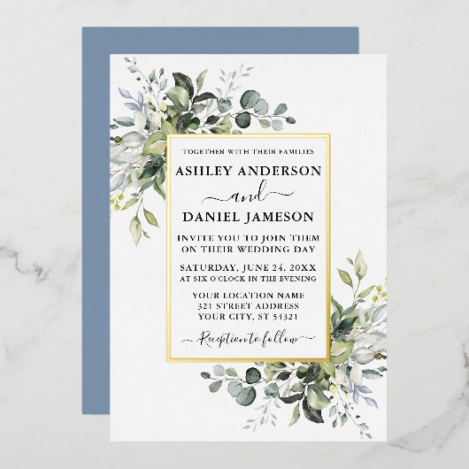 Wedding Watercolor Greenery Dusty Blue Gold Folieneinladung (Vorderseite/Rückseite)