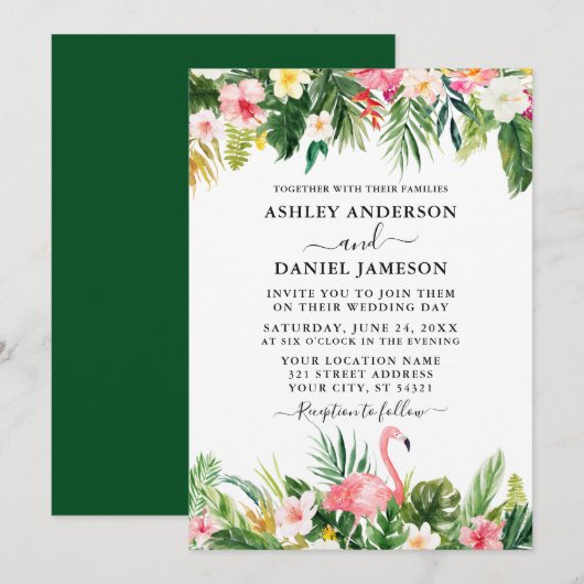 Wedding Watercolor Tropical Floral Flamingo Green Einladung (Vorne/Hinten)