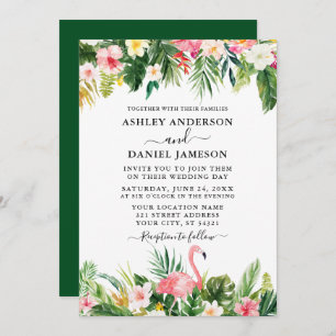 Wedding Watercolor Tropical Floral Flamingo Green Einladung