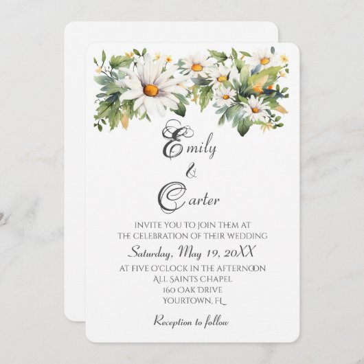 Wedding Watercolor White Daisies Einladung (Vorne/Hinten)