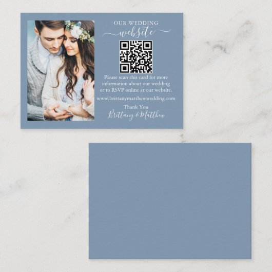 Wedding Website Minimalistisch QR Foto Dusty Blue Begleitkarte (Vorne/Hinten)
