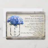 Wedding Weckglas-Scheunehölzerne blaue Hydrangeas Einladung (Vorderseite)