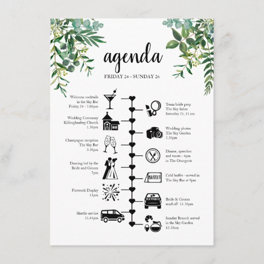 Wedding Weekend Greenerity Guest Agenda Hinweiskarte (Vorderseite)