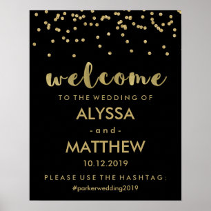 Wedding Welcome and Hashtag   Black and Gold Poster
