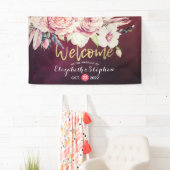 Wedding Welcome Boho Floral Feathers Burgundy Red Banner (Insitu)