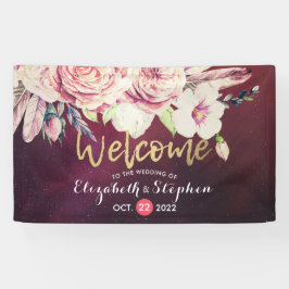 Wedding Welcome Boho Floral Feathers Burgundy Red Banner