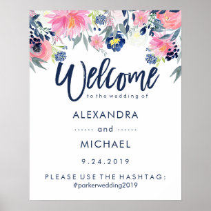 Wedding Welcome Hashtag Blüten und Navy Poster
