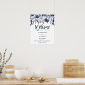 Wedding Welcome Hashtag | Dunkle blaue Flora Poster (Küche)