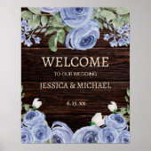 Wedding Welcome Rustic Wood Blue Floral  Poster (Vorne)