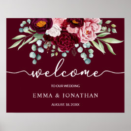 Wedding Welcome Sign Burgundy Marsala Floral Poster
