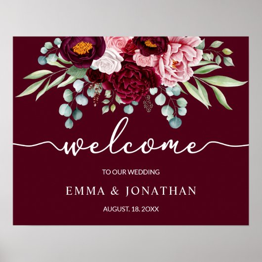 Wedding Welcome Sign Burgundy Marsala Floral Poster (Vorne)