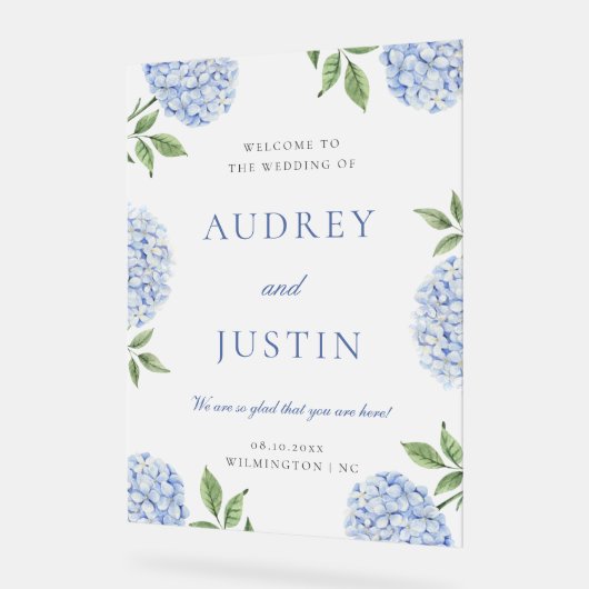 Wedding Welcome Sign, Classic Blue Hydrangea Acrylschild (Winkel)