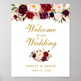 Wedding Welcome Watercolor Floral Burgundy Gold Poster