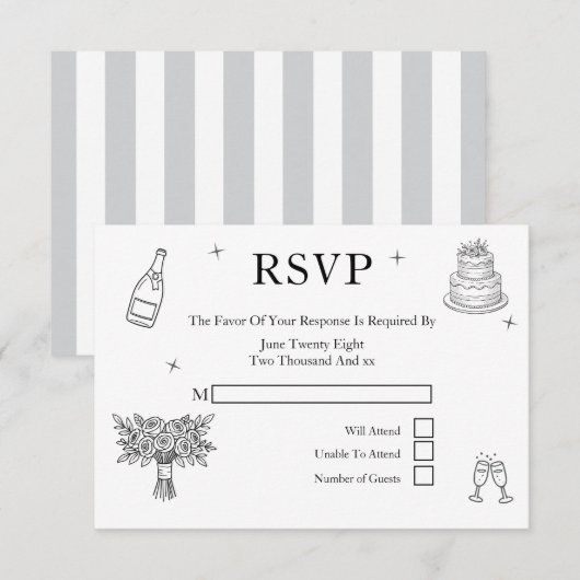 Wedding Whimsical Doodles Grey and White RSVP Karte (Vorne/Hinten)