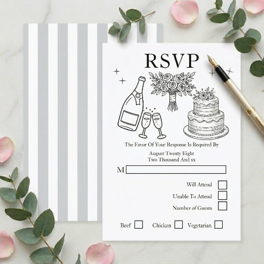 Wedding Whimsical Doodles Grey and White RSVP Karte