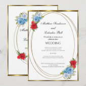 Wedding White Blue Red Flowers gold Elegant  Einladung (Vorne/Hinten)