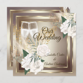 Wedding White Rose Champagne Gold Bronze Einladung