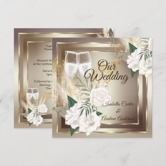 Wedding White Rose Champagne Gold Bronze Einladung
