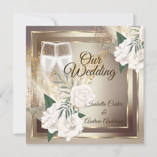 Wedding White Rose Champagne Gold Bronze Einladung (Vorderseite)
