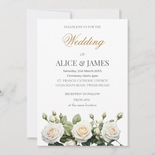 Wedding White Roses Einladung (Vorderseite)