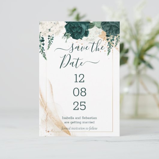 Wedding White Save the Date Emerald Green (Stehend Vorderseite)