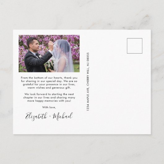 Wedding White Script Foto Overlay Vielen Dank Postkarte (Rückseite)