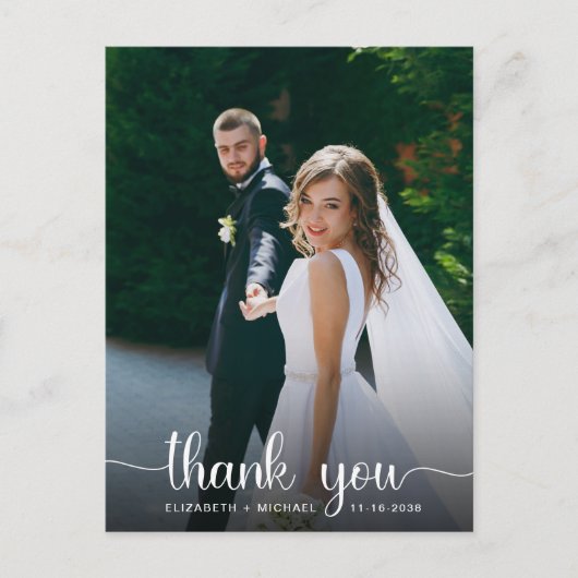 Wedding White Script Foto Overlay Vielen Dank Postkarte (Vorderseite)