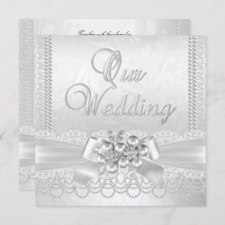 Wedding White Silver Pearl Lace Damask Diamond Einladung