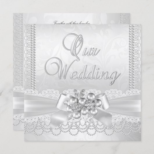Wedding White Silver Pearl Lace Damask Diamond Einladung (Vorne/Hinten)