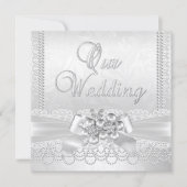 Wedding White Silver Pearl Lace Damask Diamond Einladung (Vorderseite)