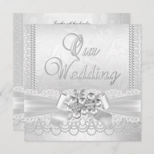 Wedding White Silver Pearl Lace Damask Diamond Einladung (Vorne/Hinten)