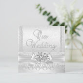 Wedding White Silver Pearl Lace Damask Diamond Einladung (Stehend Vorderseite)