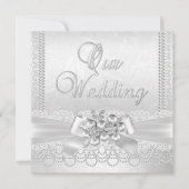 Wedding White Silver Pearl Lace Damask Diamond Einladung (Vorderseite)
