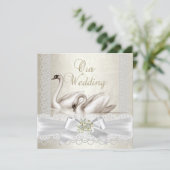 Wedding White Swans Cream Pearl Lace Damask SQ Einladung (Stehend Vorderseite)