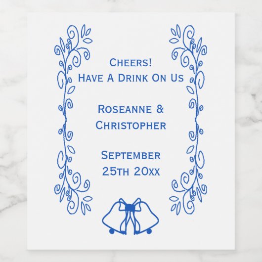 Wedding Wine Label Blue Sapphire Bells Scrollwork Weinetikett (Einzelnes Label)