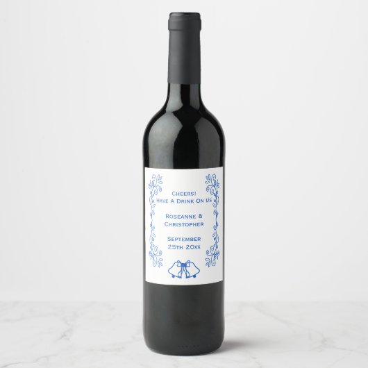Wedding Wine Label Blue Sapphire Bells Scrollwork Weinetikett (Vorderseite)